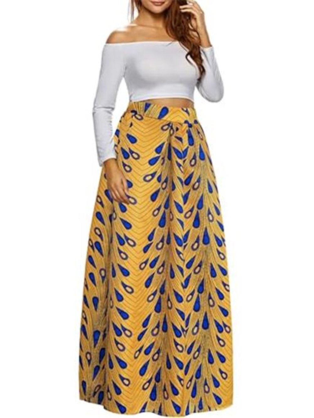 Women’s Yellow Abstract Print Maxi Skirt A-Line Flared Long Skirt with Pockets - Picture 2 of 8